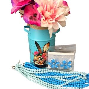 Bright Beautiful Blue Flower Earring’s & Beaded Necklace Set